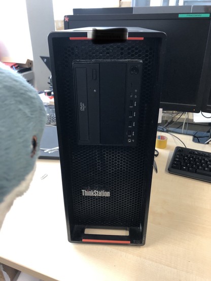 Mein kleiner Therapie Blåhaj schaut auf Lenovo ThinkStation P720 Tower PC in schwarz auf Bürotisch stehend.